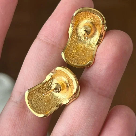 Vintage Christian Dior Rectangular Rhinestone Pavé Hoop 14k Gold Post Earrings - Picture 12 of 12